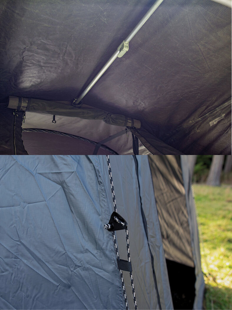 A Lucas Creek soft shell roof top tent showing the ladder cover support pole.