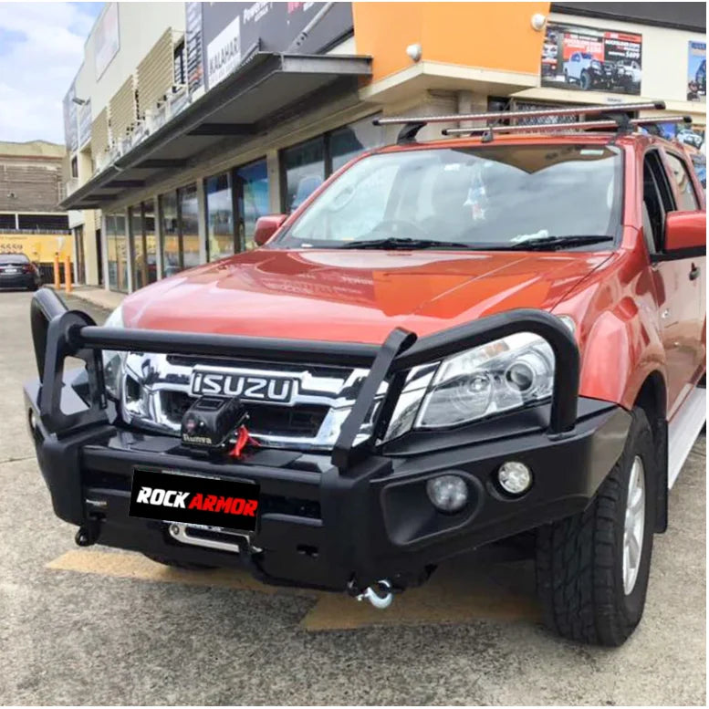 Orange Isuzu pickup truck with black elite steel bullbar for Dmax 2012-2020