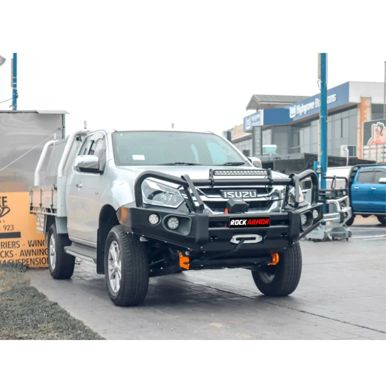 Silver pickup truck with black steel bullbar for Isuzu Dmax 2012-2020 elite steel upgrade
