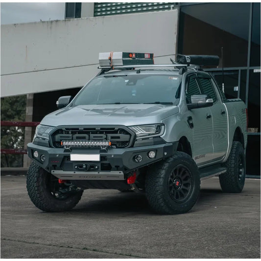 Modified silver Ford Ranger pickup truck with Rockarmor GT Steel Hoopless Bullbar focusing on rated recovery points and approach angles