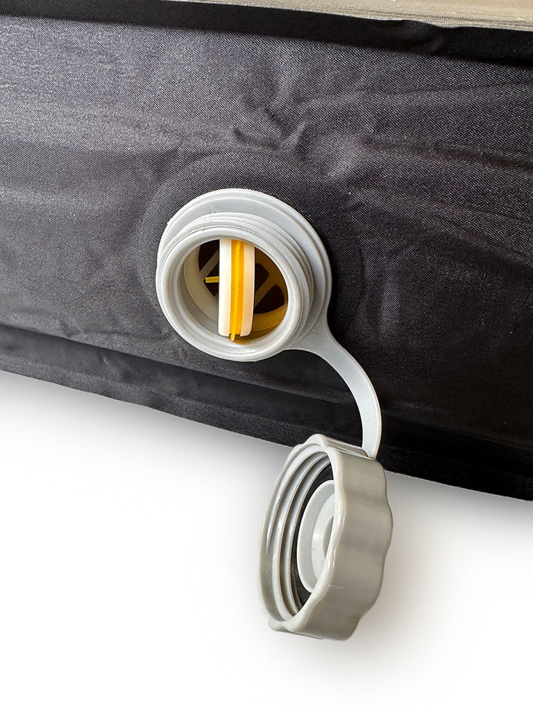 Close-up of a the inflatable air valve on a Lucas Creek self inflating mattress