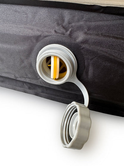 Close-up of a the inflatable air valve on a Lucas Creek self inflating mattress