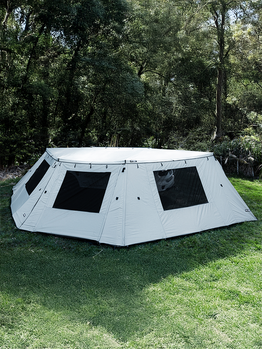 Lucas Creek 180 Fantail free standing vehicle awning with full wall kit installed 