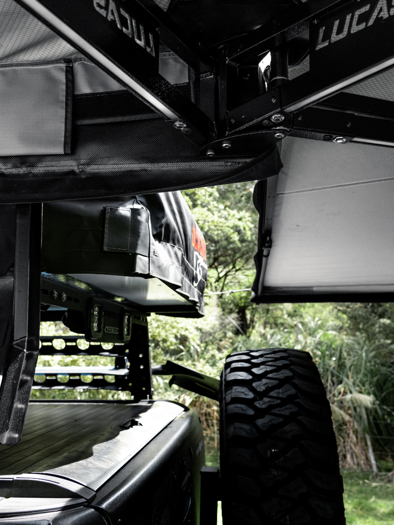 Lucas Creek 270 Fantail Free standing awning underside showing the arms and lights