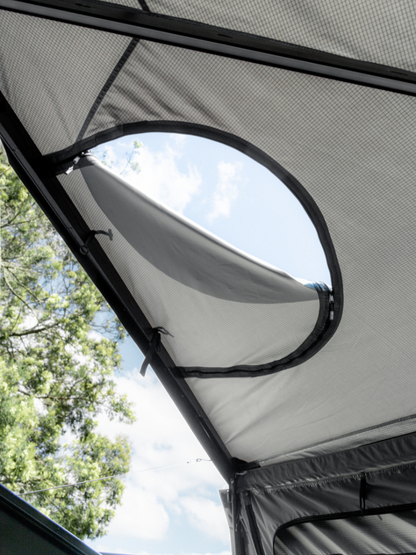 Lucas Creek 270 Fantail awning showing the Roof hatch option open - for climbing into your end opening hard shell tent via the ladder from under the awning 