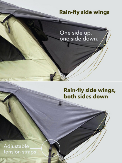 A Lucas Creek soft shell roof top tent showing the rain fly roll up side wings. 