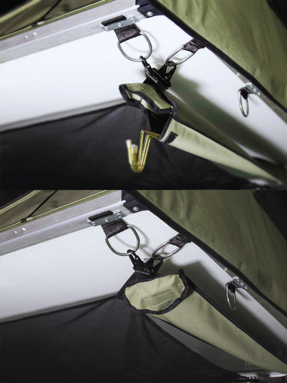 A Lucas Creek soft shell roof top tent showing the rain fly spring pole pocket. 