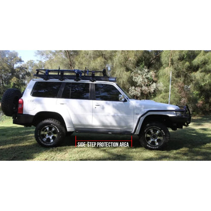 White off-road vehicle with roof rack featuring Steel Checker Plate Rockslider side steps for Nissan Patrol Y61 Gu1 Gu4 1998 to current
