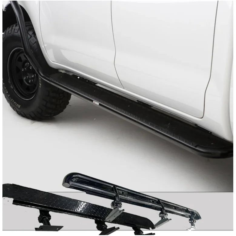 Black truck side steps with steel checker plate design from Rockarmor for Toyota Hilux N70