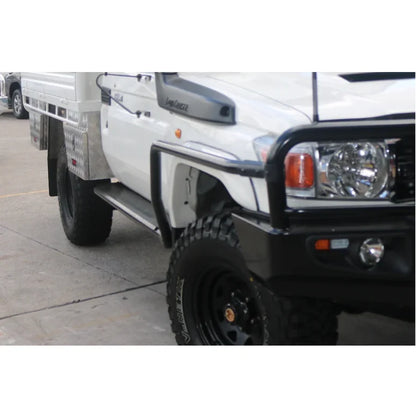 White utility truck with black bull bar and steel checker plate for Toyota Landcruiser